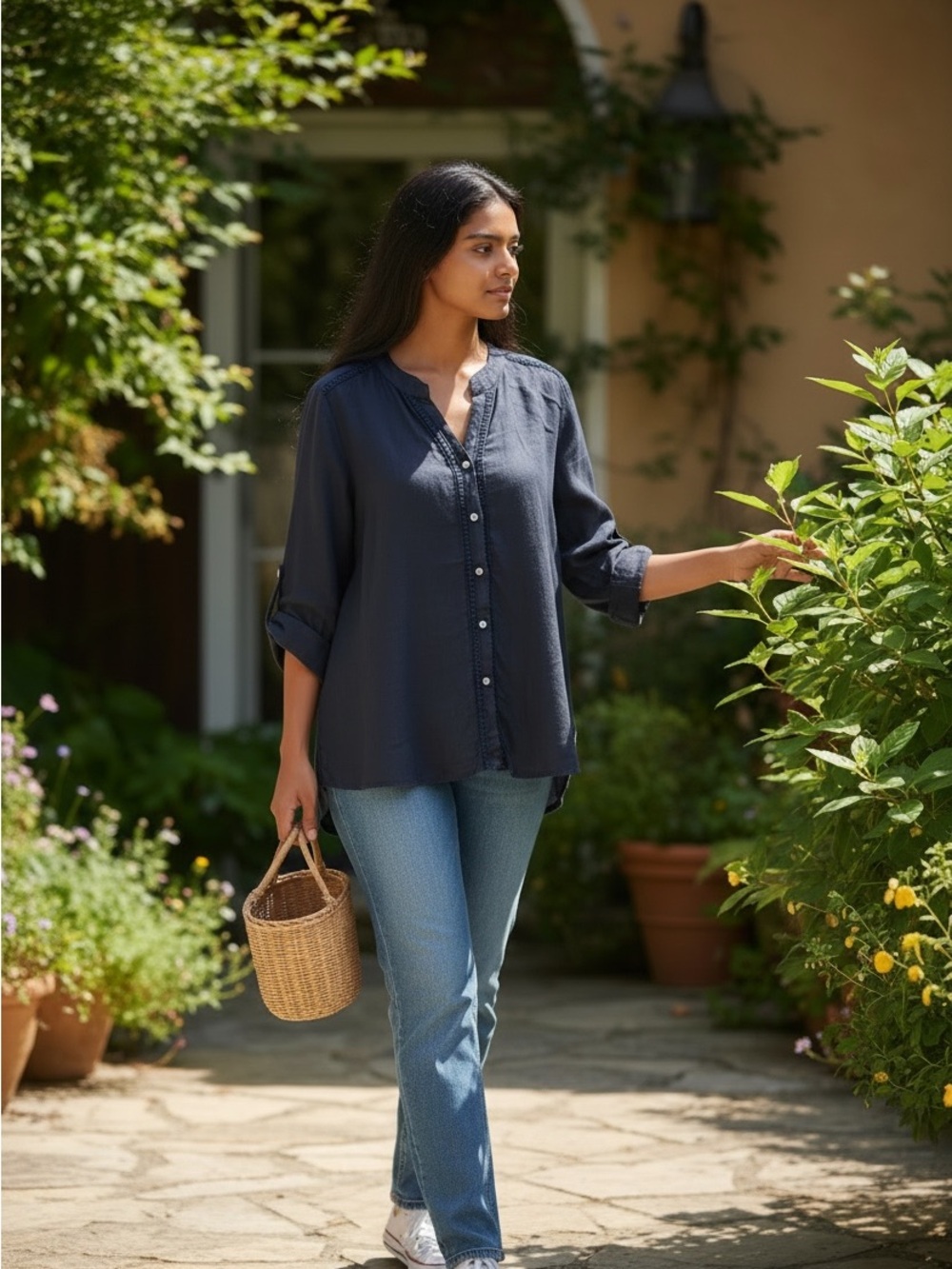 Rosemarine Lightweight Navy Button-Front Tunic with Trim Detail Linen Coastal M